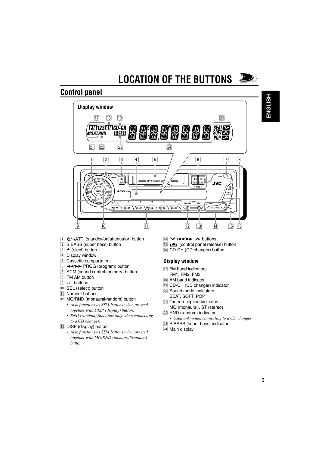 JVC KS-FX385 manual Location Of The Buttons, Control panel, Display window, u i o, English, w e r t y 
