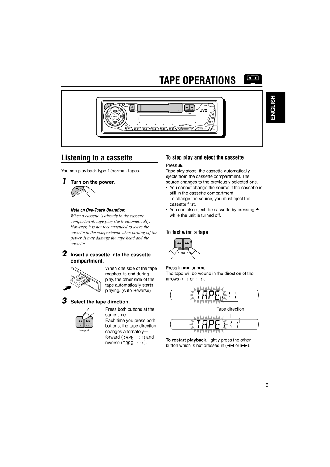 JVC KS-FX385 Tape Operations, Listening to a cassette, English, To stop play and eject the cassette, To fast wind a tape 