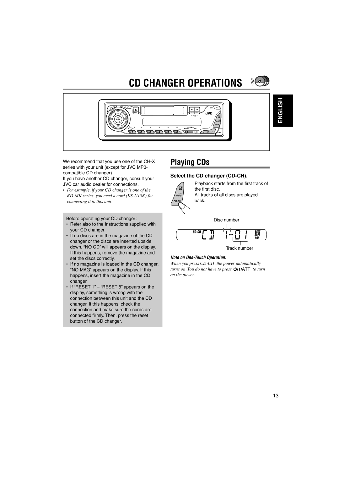 JVC KS-FX385 manual Cd Changer Operations, Playing CDs, English, Select the CD changer CD-CH, Note on One-Touch Operation 