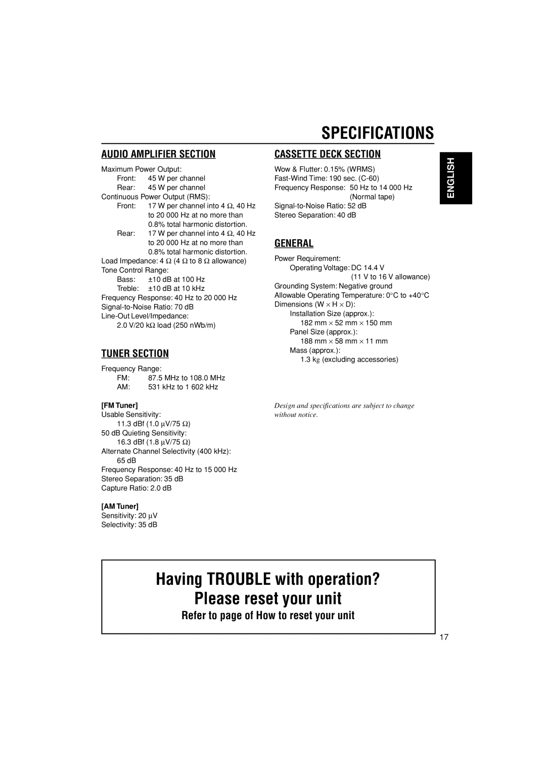 JVC KS-FX385 Specifications, Having TROUBLE with operation? Please reset your unit, Audio Amplifier Section, Tuner Section 