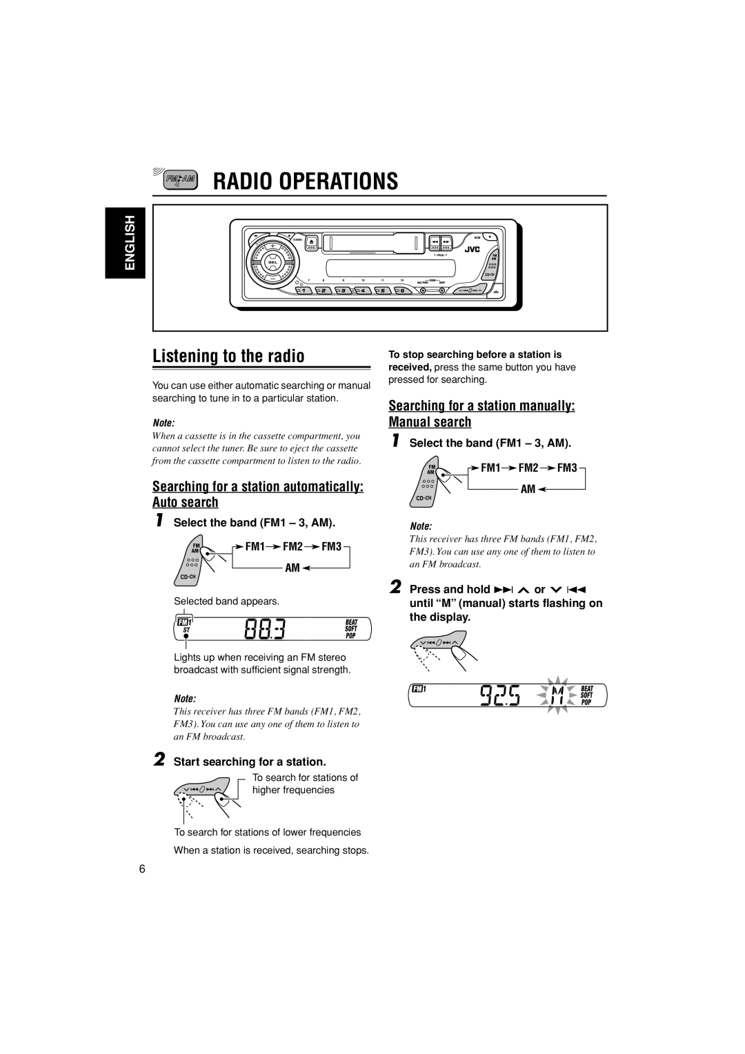 JVC KS-FX385 manual Radio Operations, Listening to the radio, Searching for a station automatically Auto search, English 