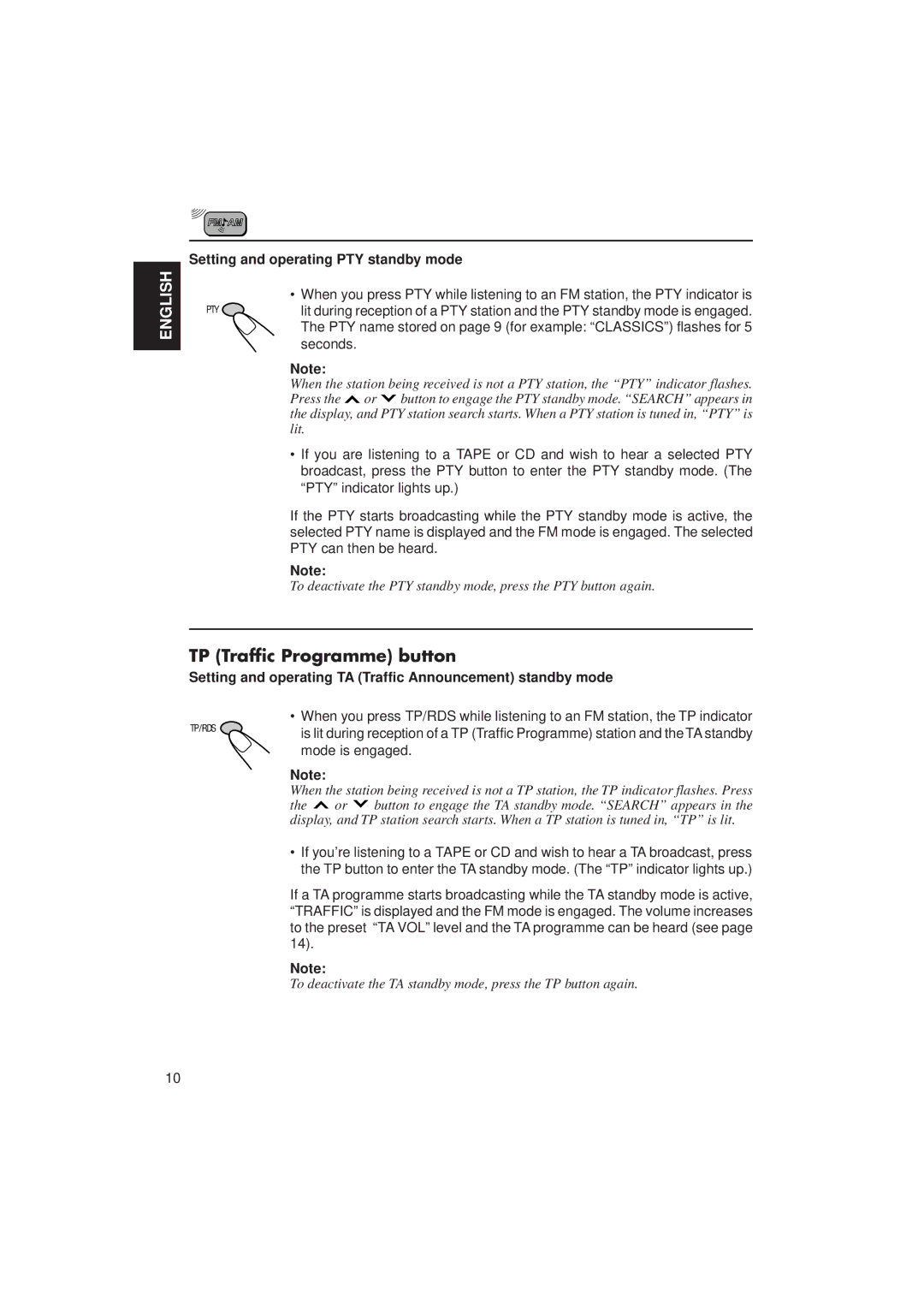 JVC KS-FX433R manual TP Traffic Programme button, Setting and operating PTY standby mode 