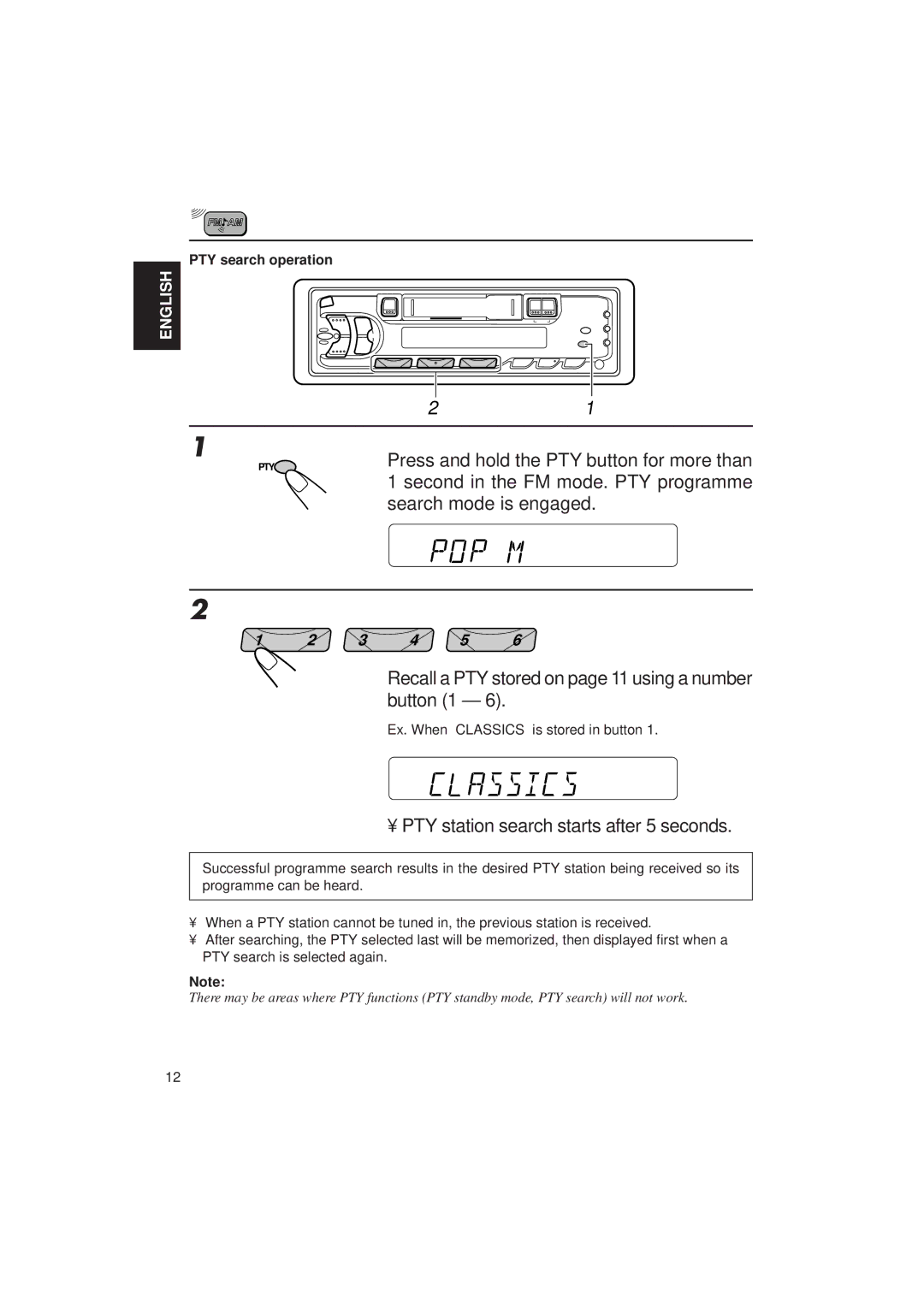 JVC KS-FX433R manual PTY station search starts after 5 seconds, PTY search operation 