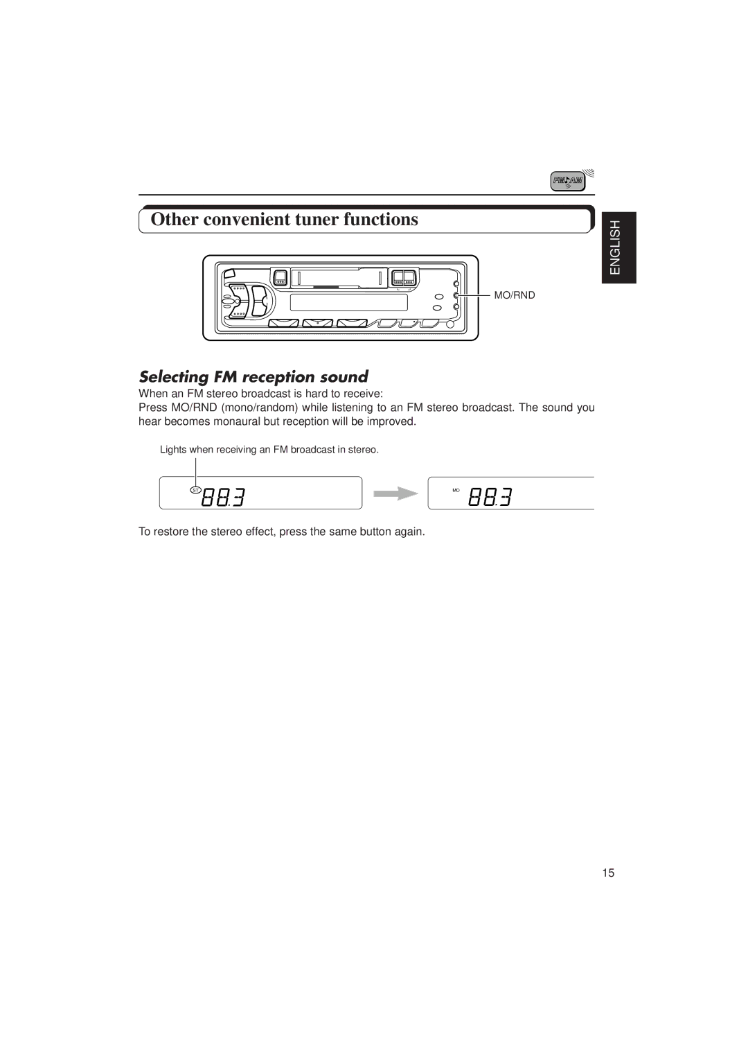 JVC KS-FX433R manual Other convenient tuner functions, Selecting FM reception sound 