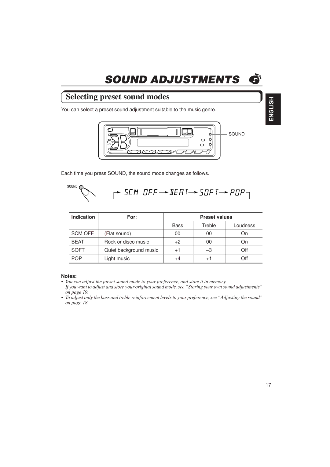 JVC KS-FX433R manual Sound Adjustments, Selecting preset sound modes, Indication For Preset values 