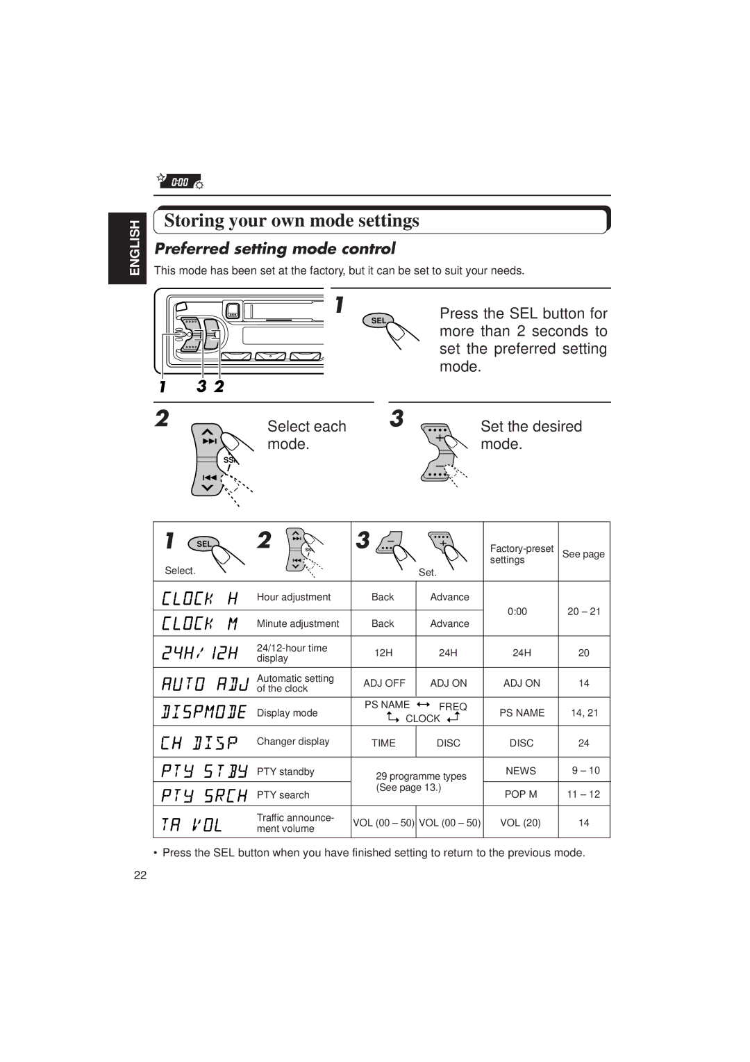 JVC KS-FX433R manual Storing your own mode settings, Preferred setting mode control, Press the SEL button for 