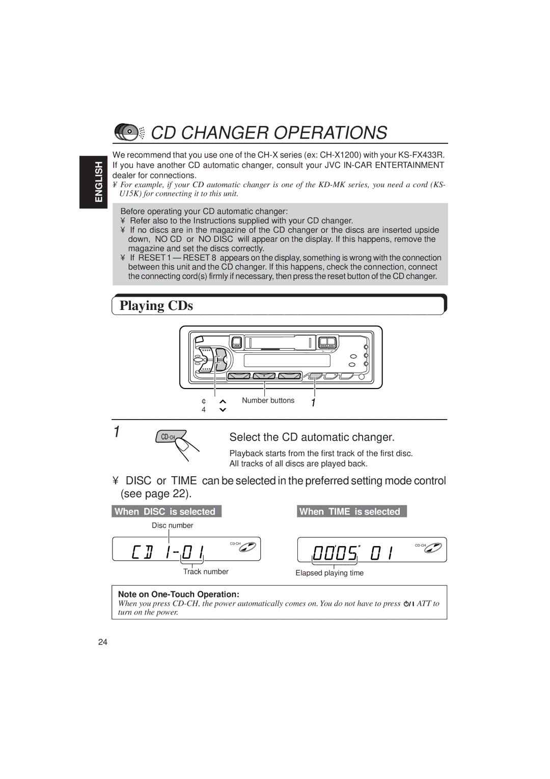 JVC KS-FX433R manual CD Changer Operations, Playing CDs, Select the CD automatic changer 