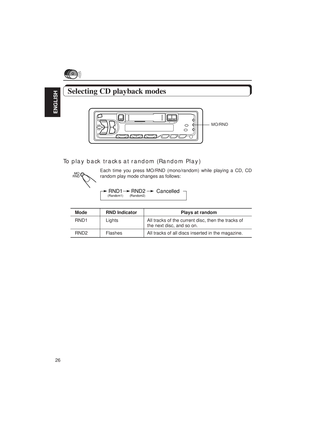 JVC KS-FX433R Selecting CD playback modes, To play back tracks at random Random Play, Mode RND Indicator Plays at random 