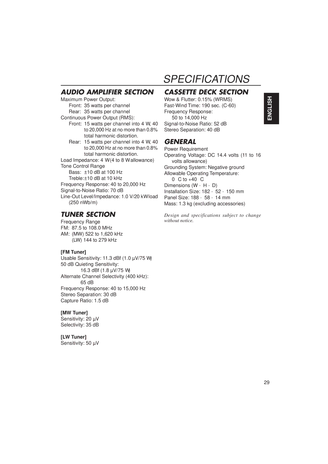 JVC KS-FX433R manual Specifications, FM Tuner, MW Tuner, LW Tuner 