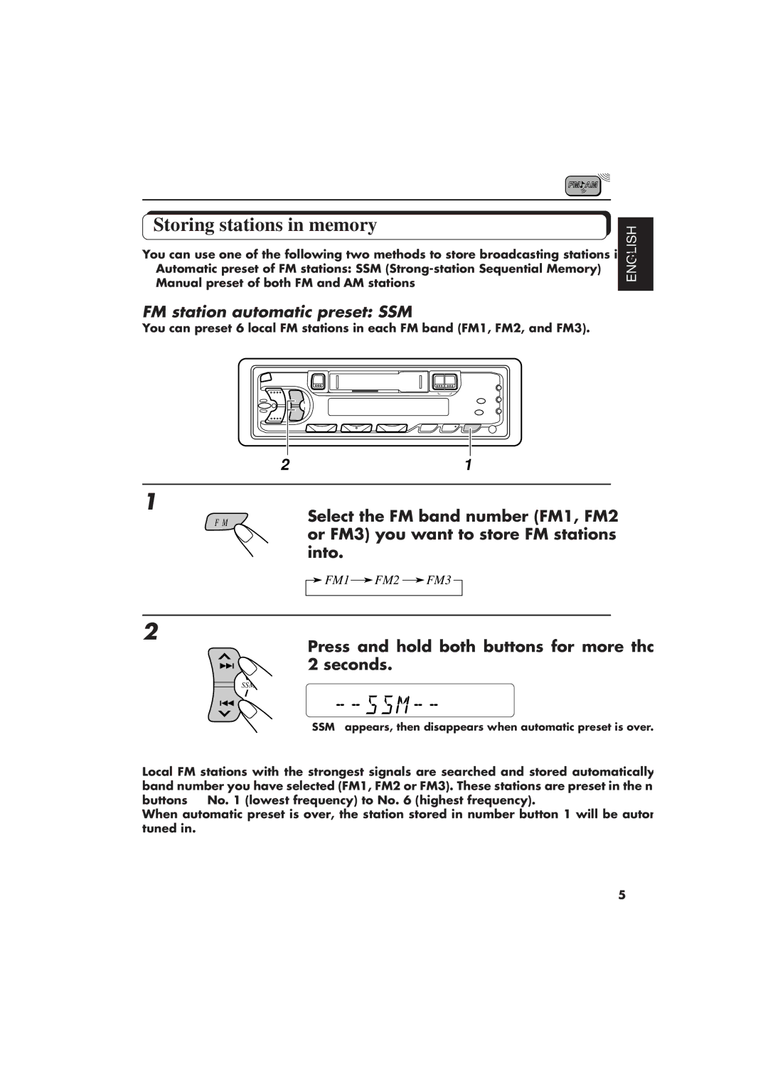 JVC KS-FX433R manual Storing stations in memory, FM station automatic preset SSM 