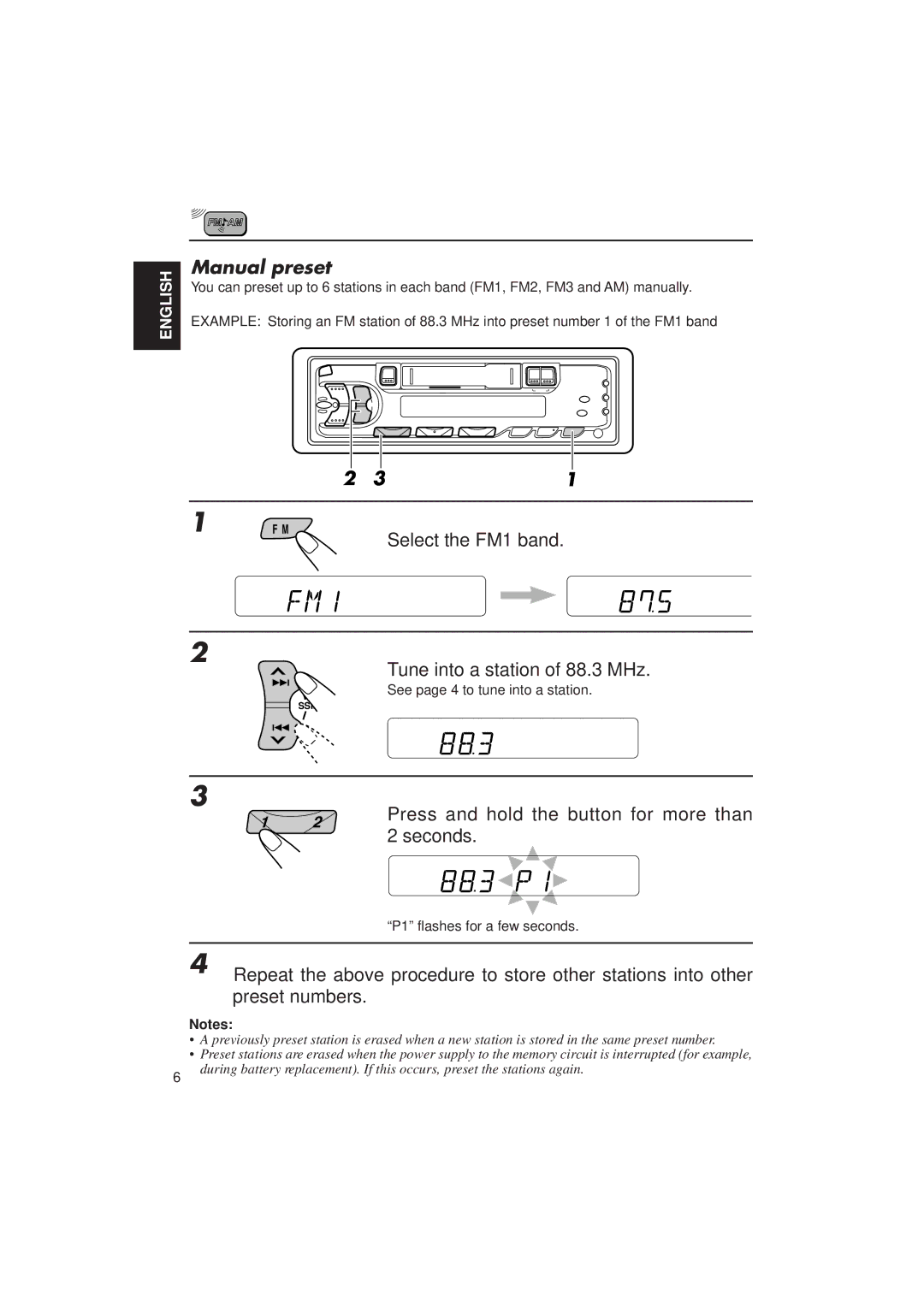 JVC KS-FX433R manual Manual preset, Tune into a station of 88.3 MHz, Seconds 