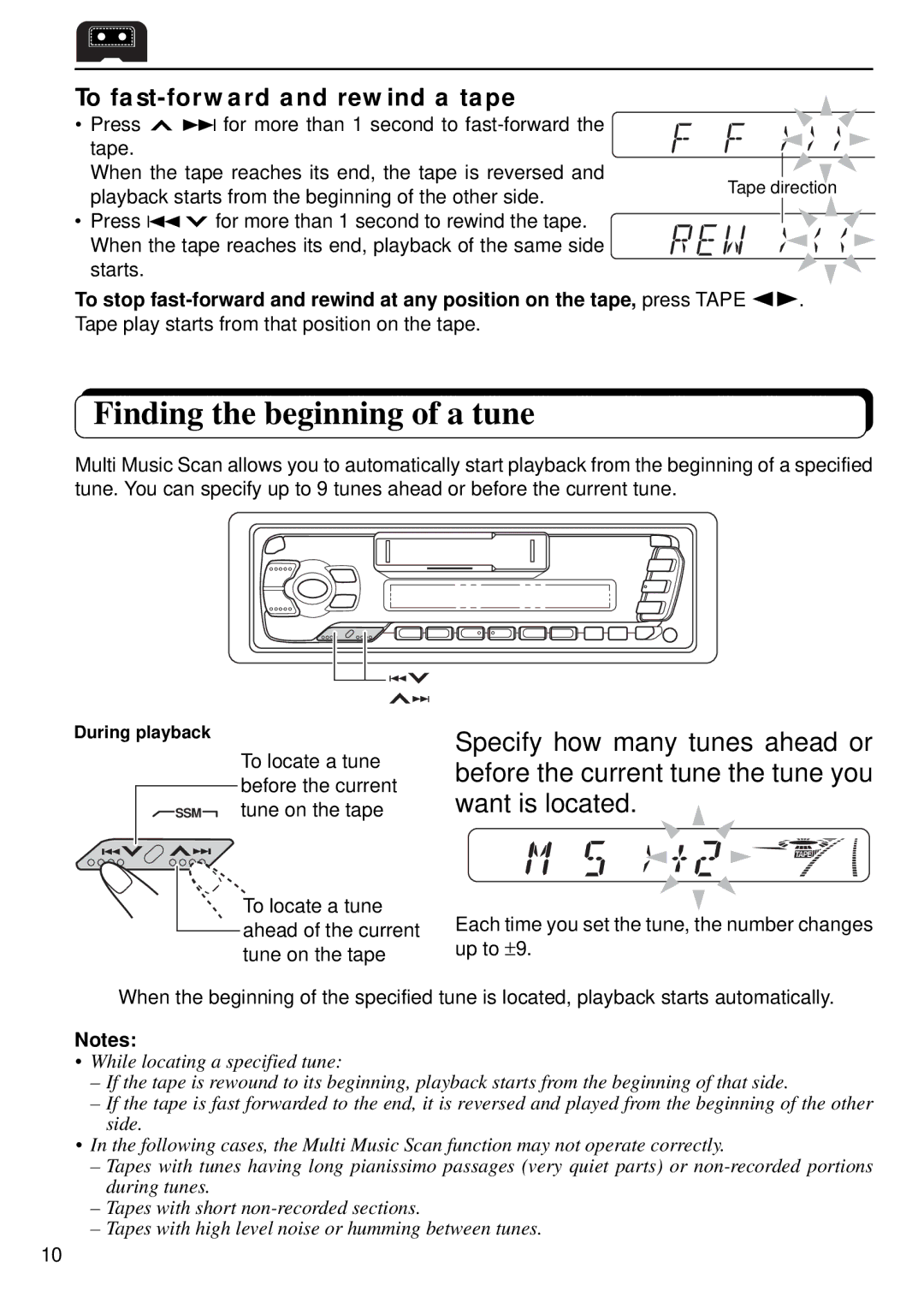 JVC KS-FX440, FX240 manual Finding the beginning of a tune, To fast-forward and rewind a tape 