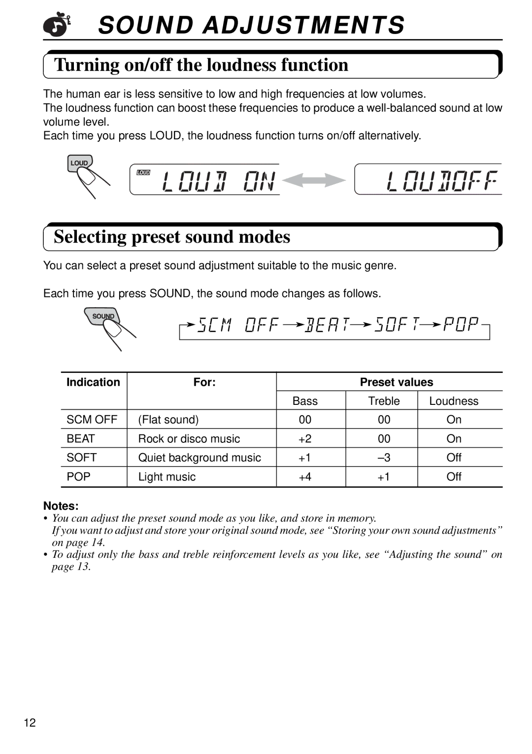 JVC KS-FX440, FX240 manual Sound Adjustments, Turning on/off the loudness function, Selecting preset sound modes 