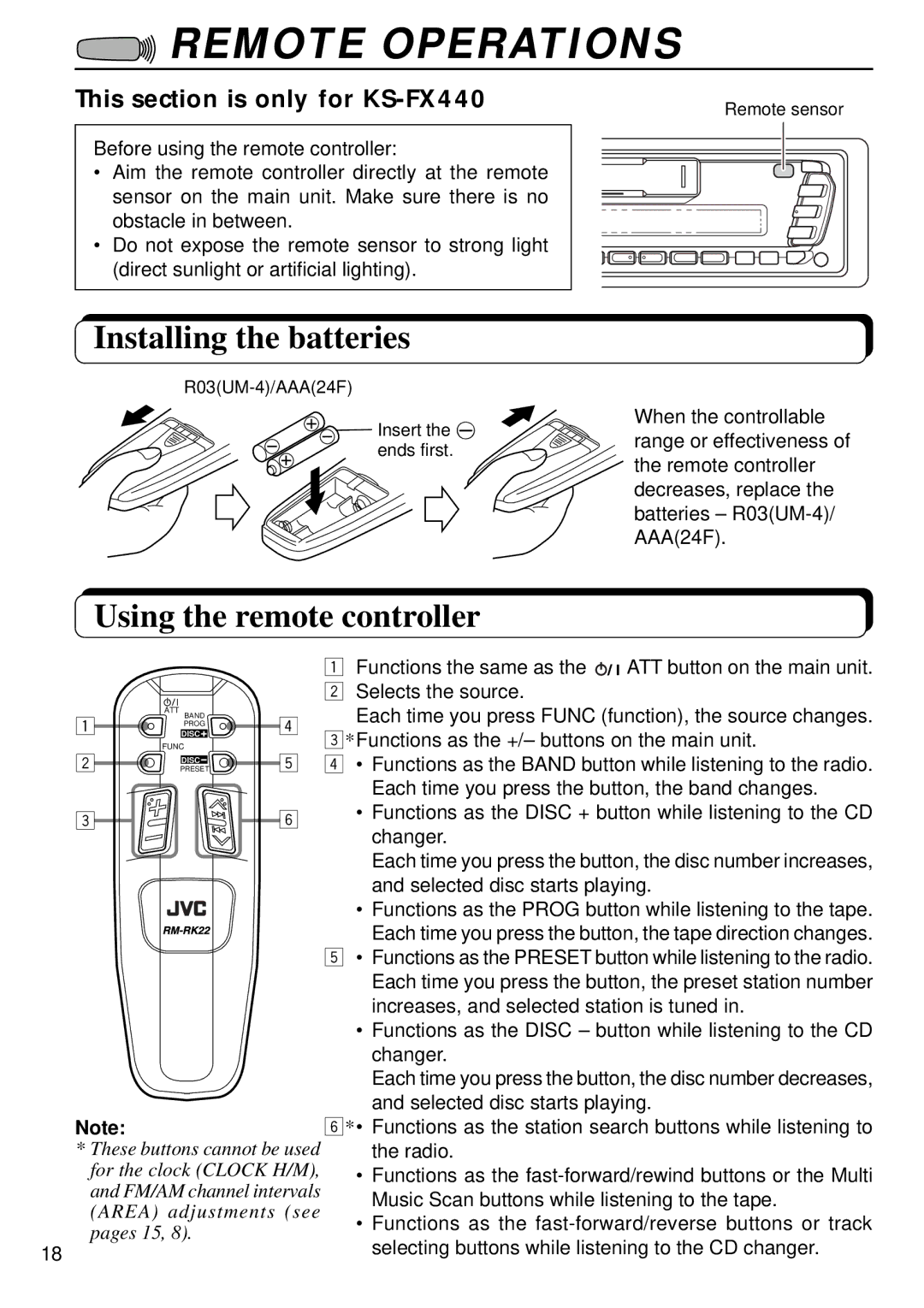 JVC FX240 Remote Operations, Installing the batteries, Using the remote controller, This section is only for KS-FX440 