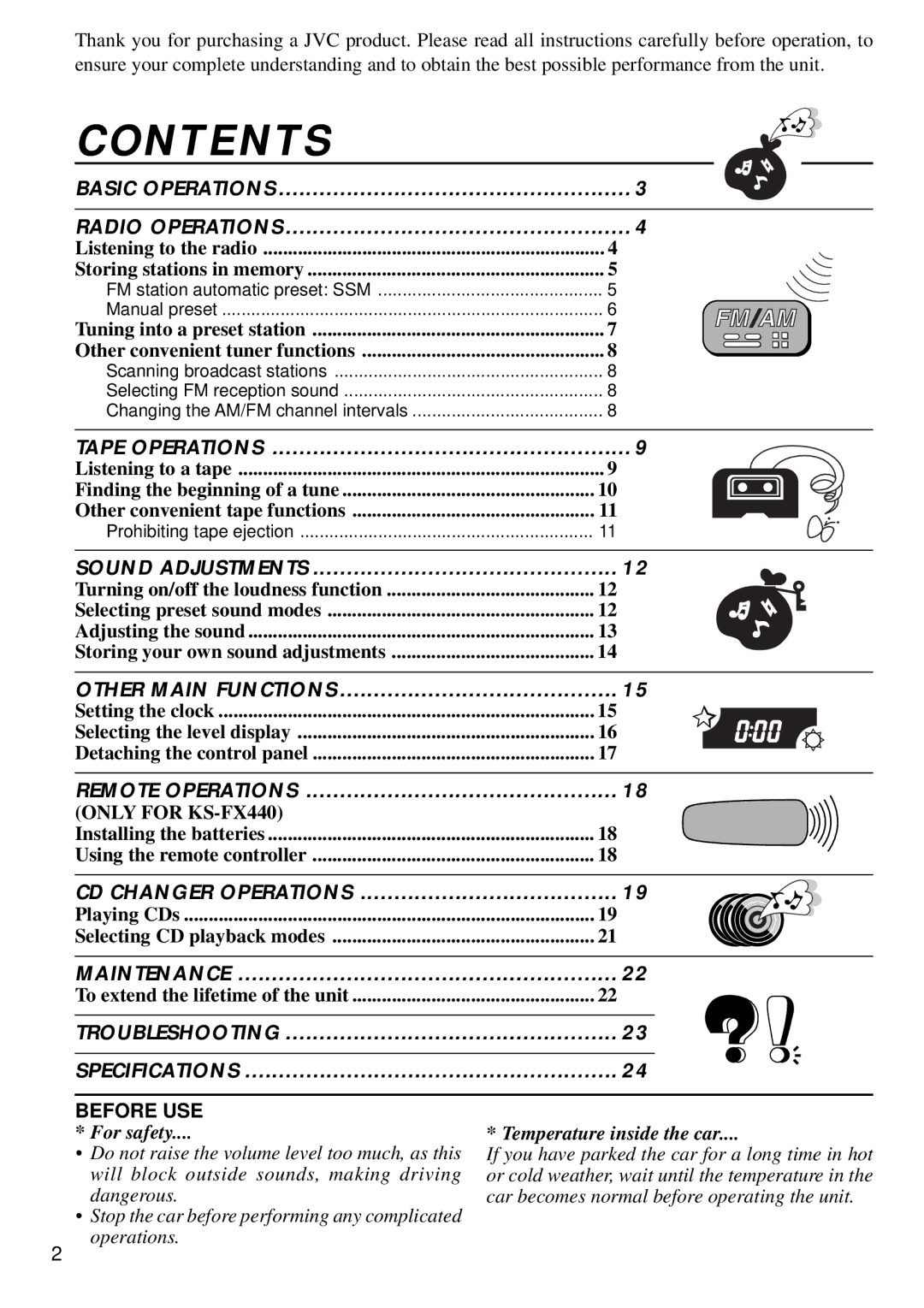 JVC KS-FX440, FX240 manual Contents 