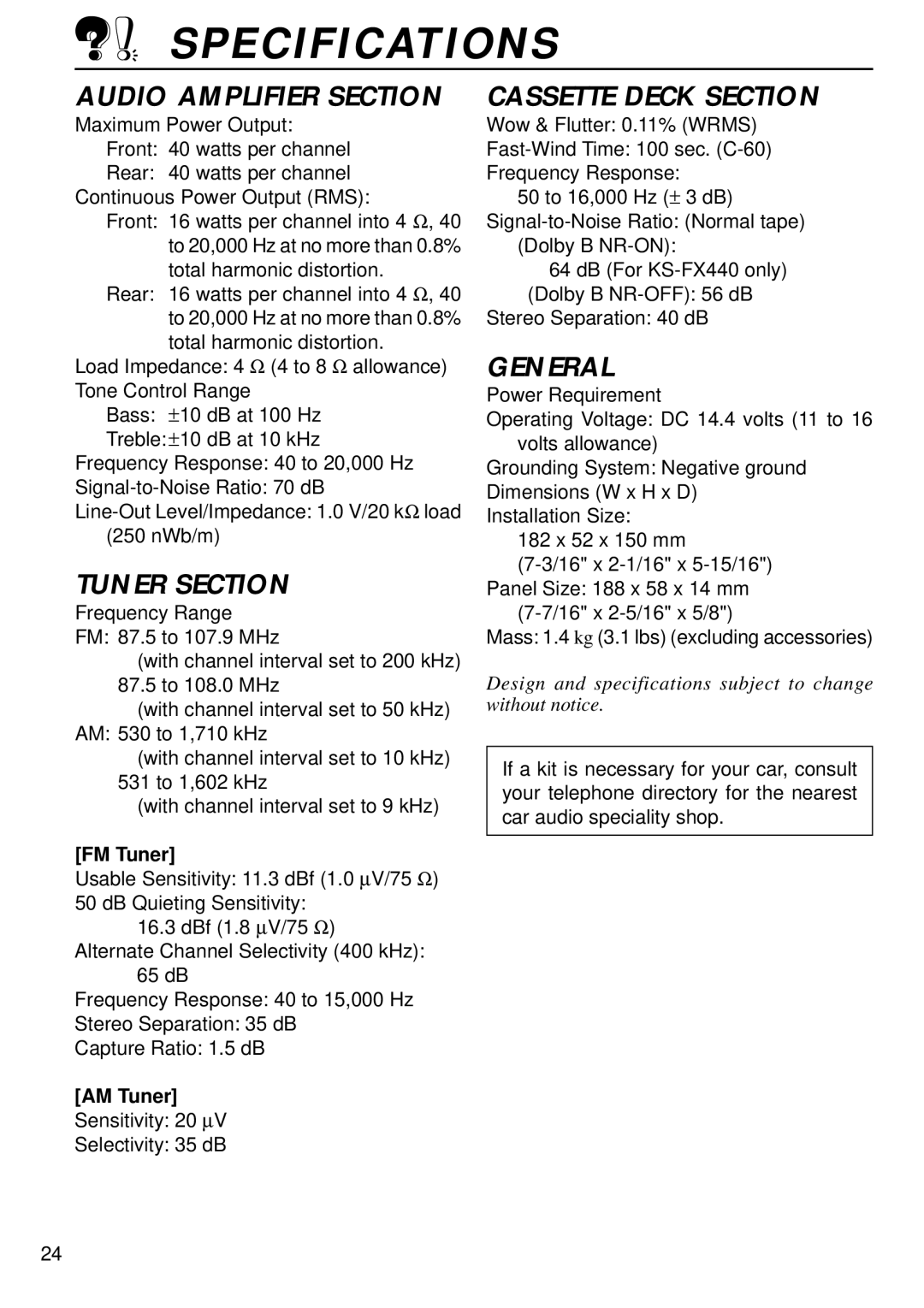 JVC KS-FX440, FX240 manual Specifications, FM Tuner, AM Tuner 