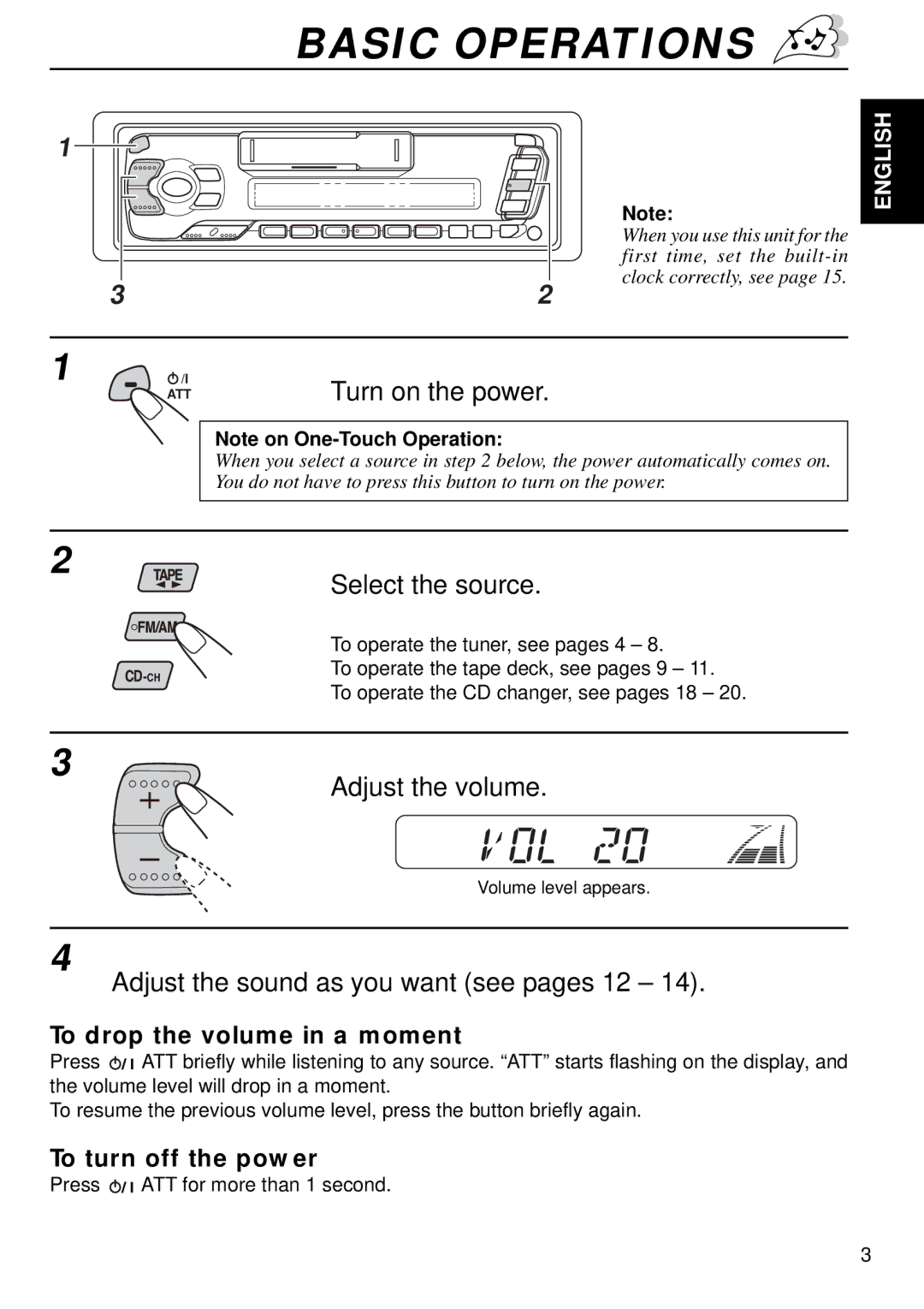 JVC FX240, KS-FX440 manual Basic Operations, Select the source, Adjust the volume, Adjust the sound as you want see pages 12 