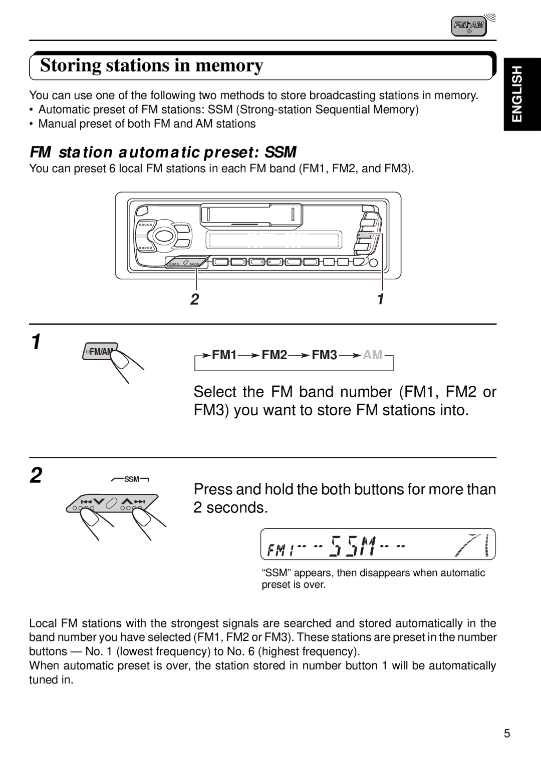 JVC FX240, KS-FX440 manual Storing stations in memory, Press and hold the both buttons for more than 2 seconds 