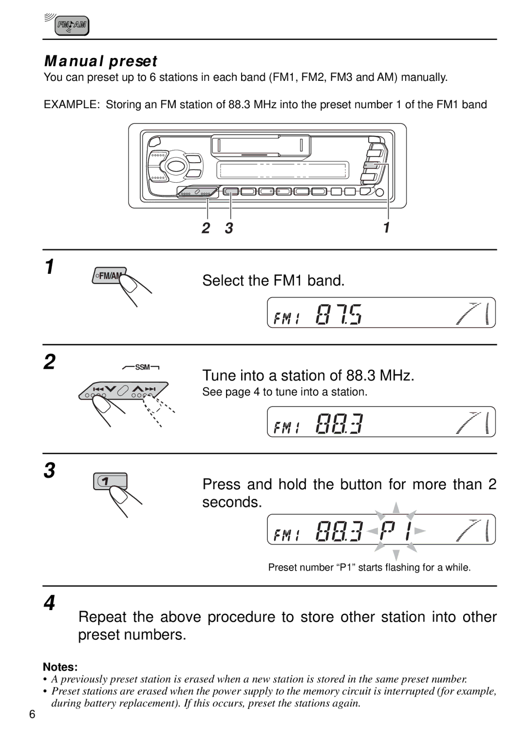 JVC KS-FX440, FX240 manual Select the FM1 band, Tune into a station of 88.3 MHz, Seconds 