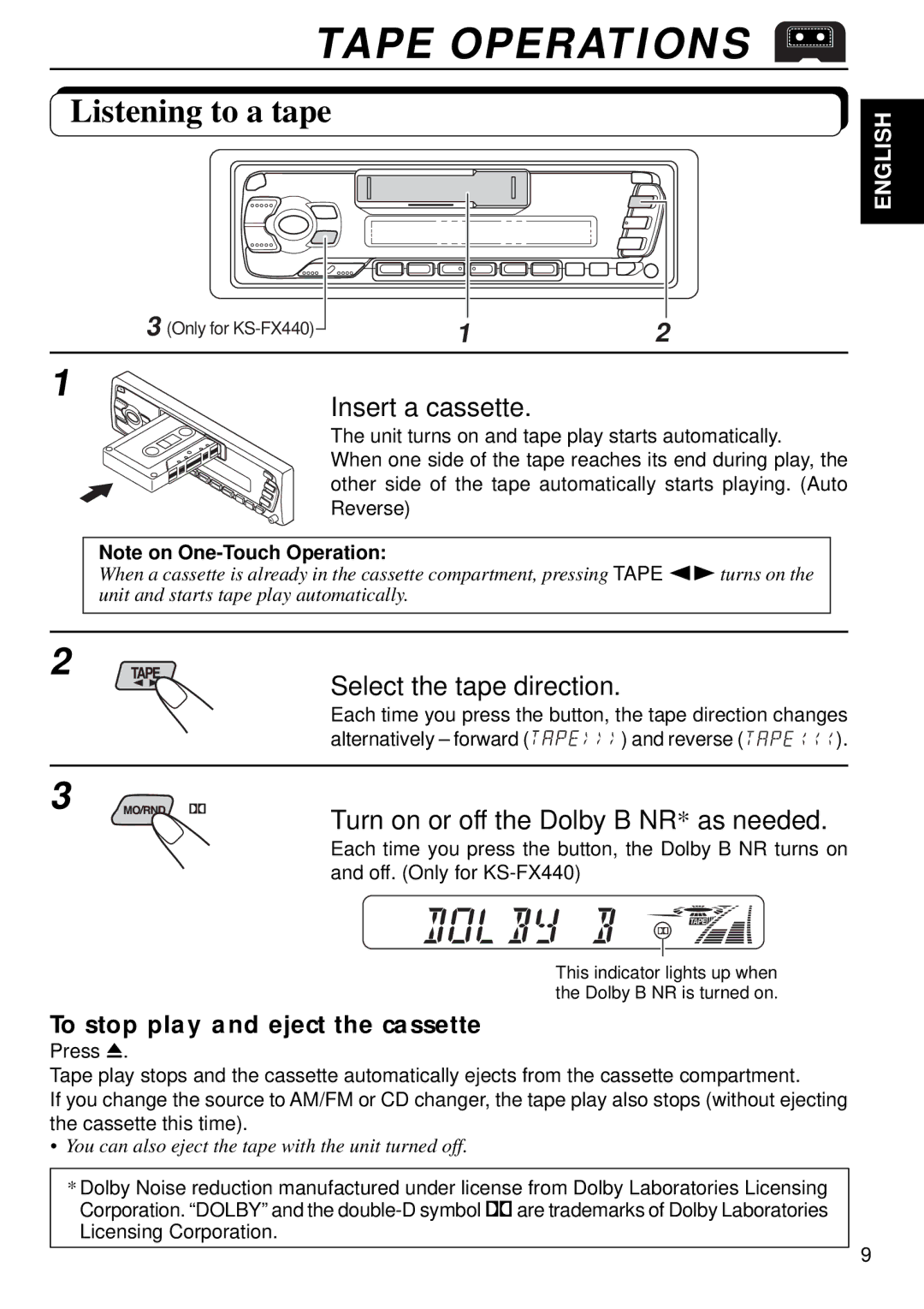 JVC FX240, KS-FX440 manual Tape Operations, Listening to a tape, Insert a cassette, Select the tape direction 