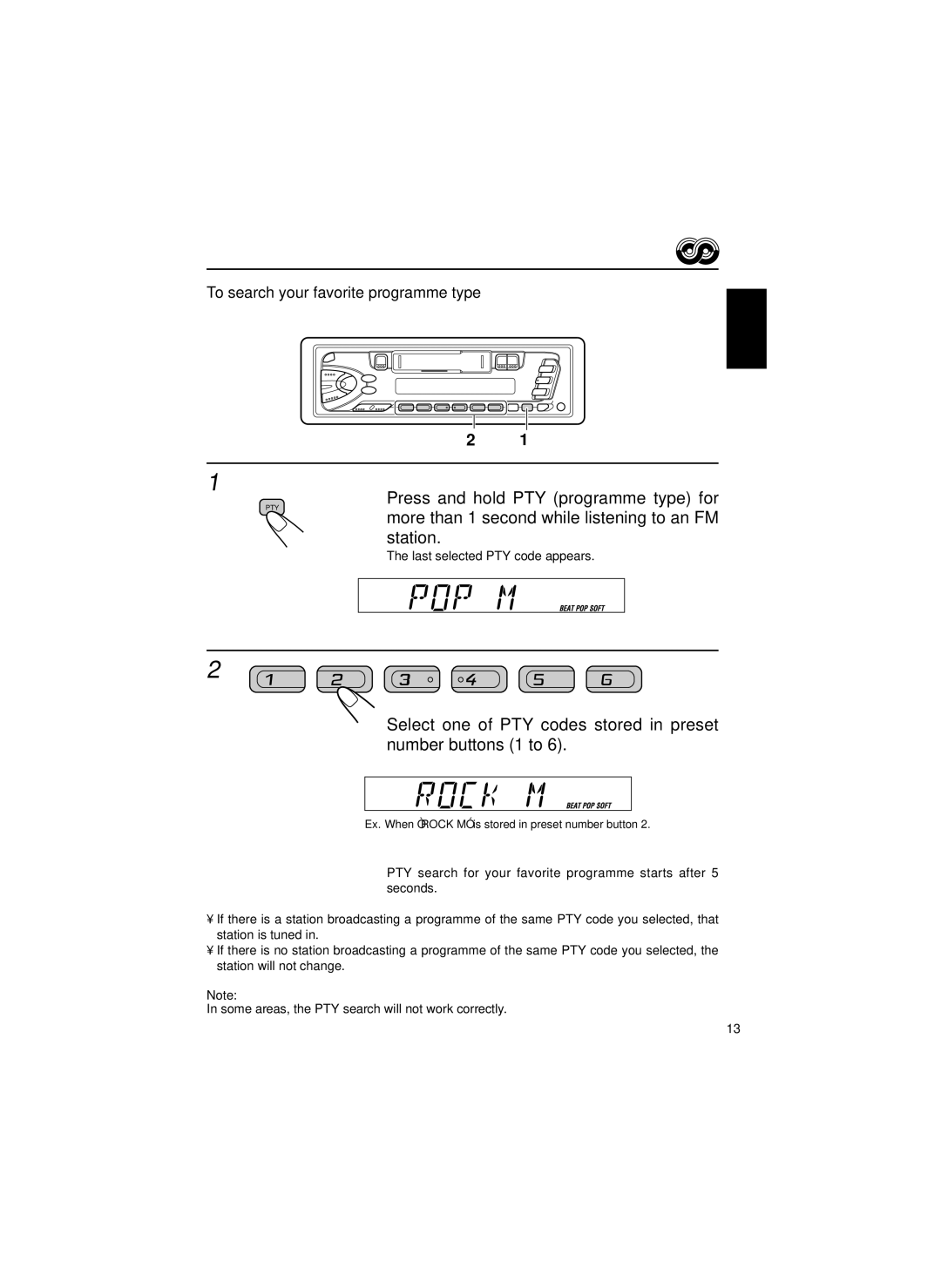 JVC KS-FX463R, KS-FX460R manual Press and hold PTY programme type for, More than 1 second while listening to an FM station 