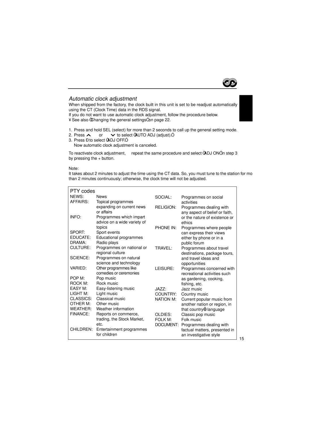 JVC KS-FX463R, KS-FX460R manual Automatic clock adjustment, PTY codes 