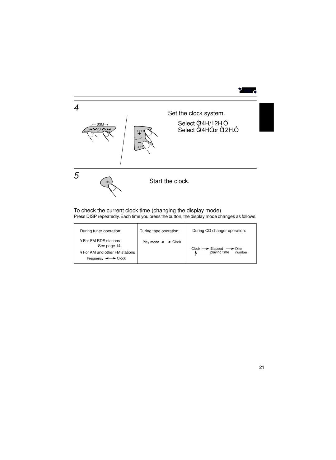 JVC KS-FX463R, KS-FX460R manual Set the clock system, Select 24H/12H, Select 24H or 12H 