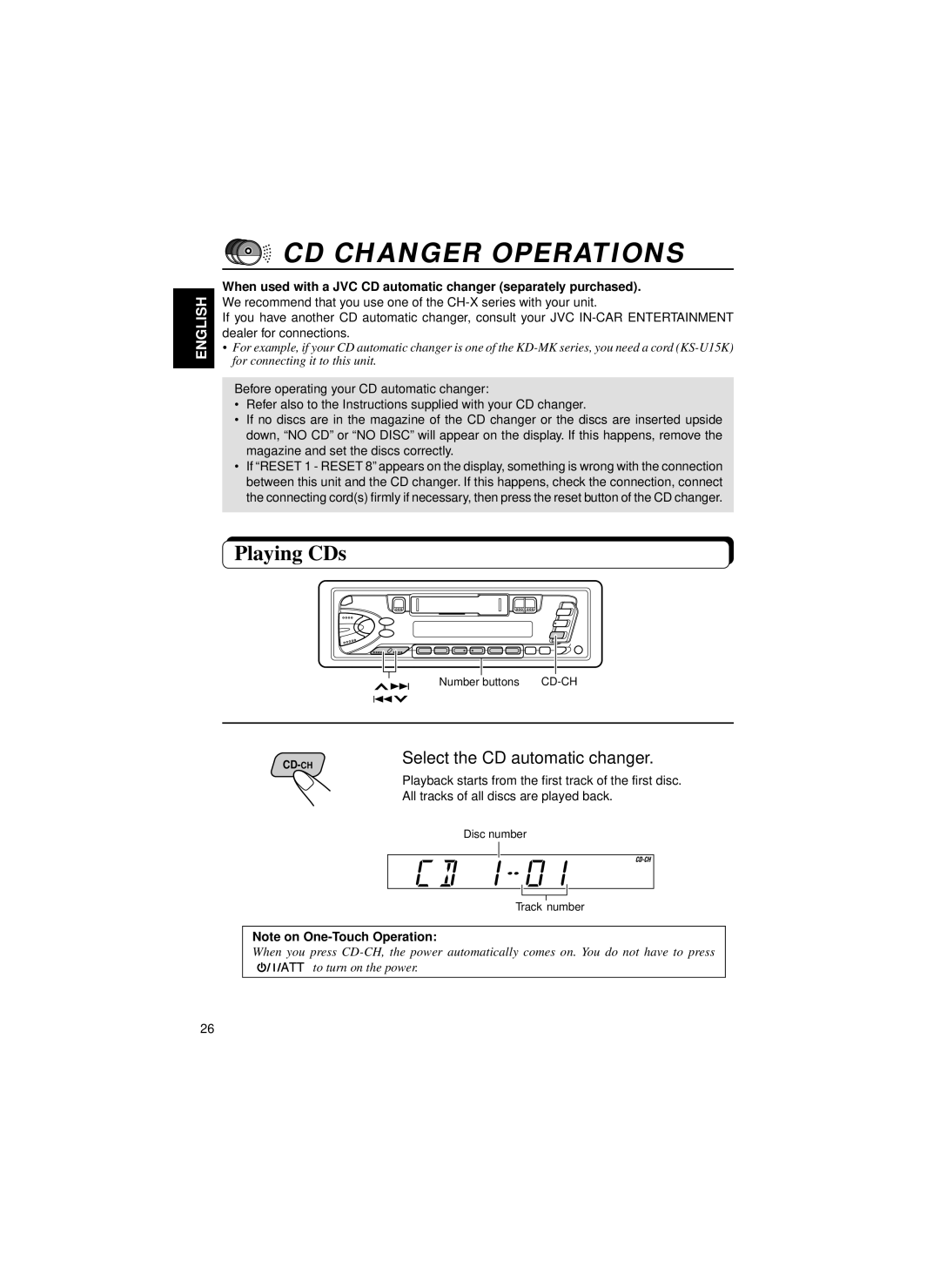 JVC KS-FX460R, KS-FX463R manual CD Changer Operations, Playing CDs 