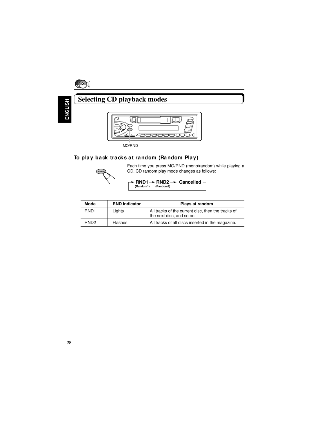 JVC KS-FX460R Selecting CD playback modes, To play back tracks at random Random Play, Mode RND Indicator Plays at random 