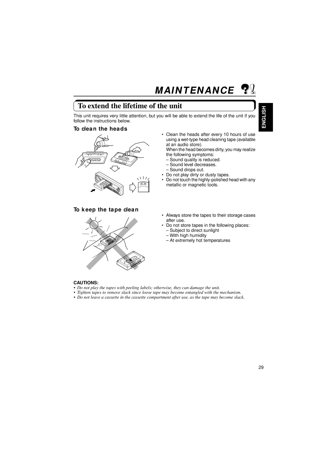 JVC KS-FX463R, KS-FX460R manual Maintenance, To extend the lifetime of the unit, To clean the heads, To keep the tape clean 