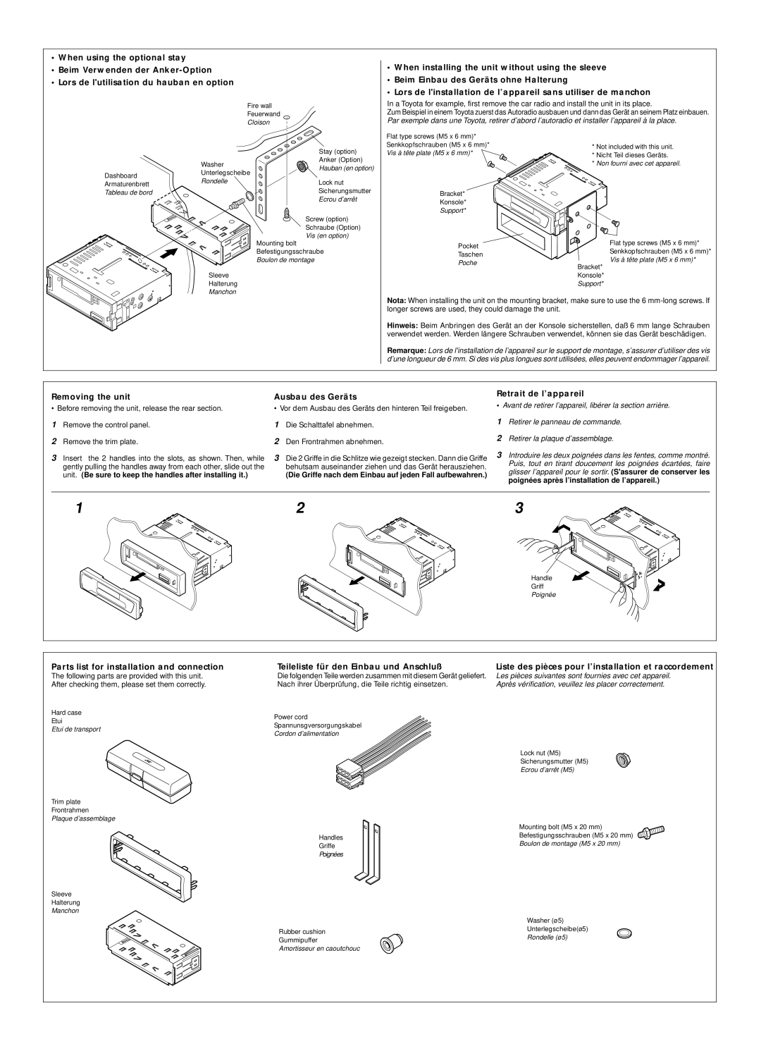 JVC KS-FX460R, KS-FX463R manual Removing the unit, Die Griffe nach dem Einbau auf jeden Fall aufbewahren 