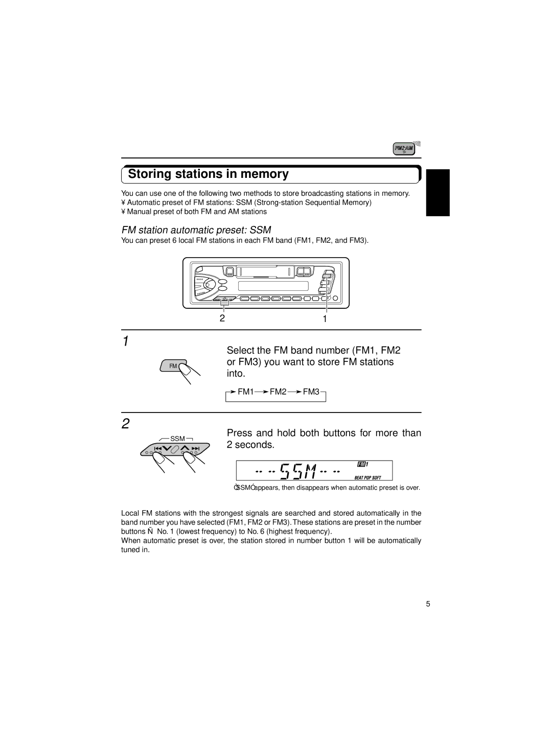 JVC KS-FX463R, KS-FX460R manual Storing stations in memory, FM station automatic preset SSM 