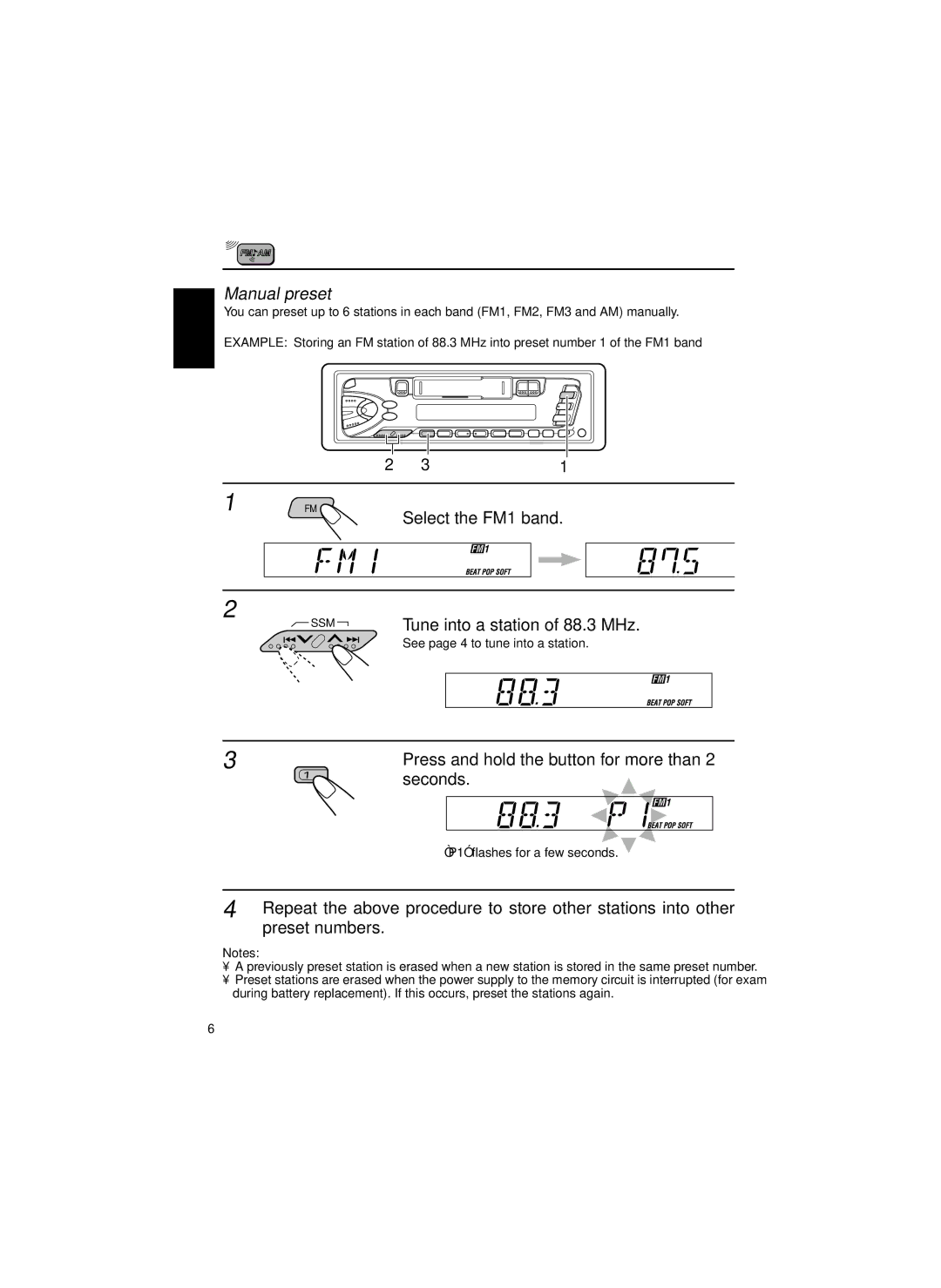 JVC KS-FX460R manual Manual preset, Select the FM1 band, Press and hold the button for more than, Seconds, Preset numbers 