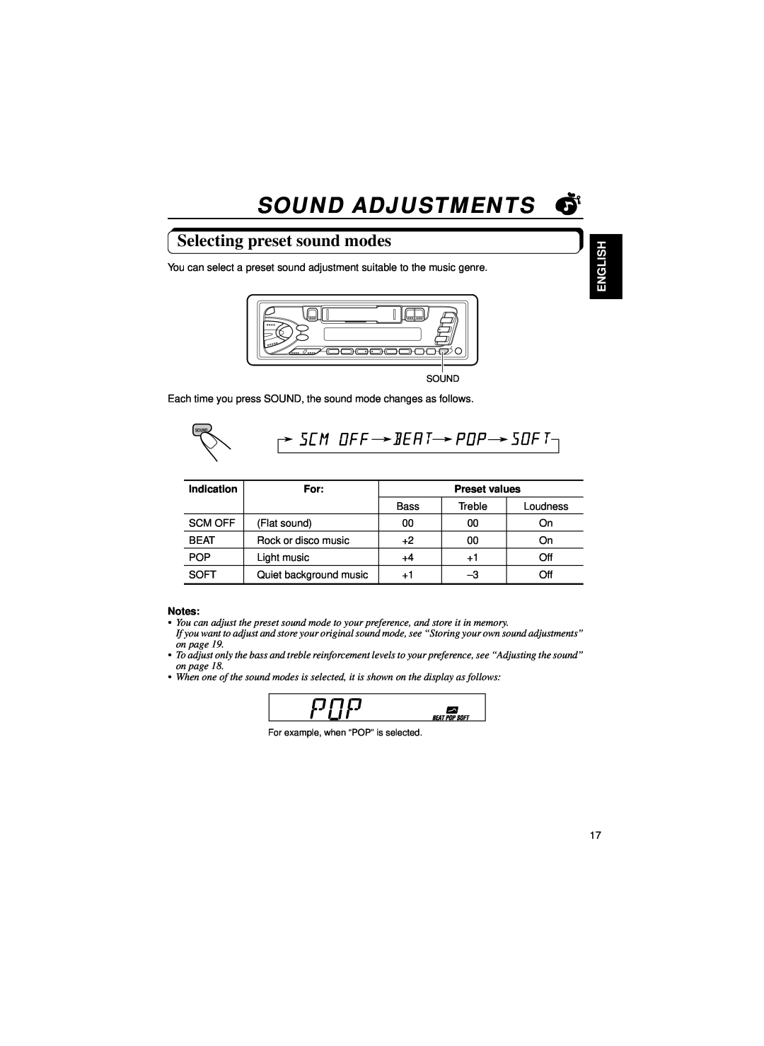 JVC KS-FX463R, KS-FX460R manual Sound Adjustments, Selecting preset sound modes, English, Indication, Preset values 
