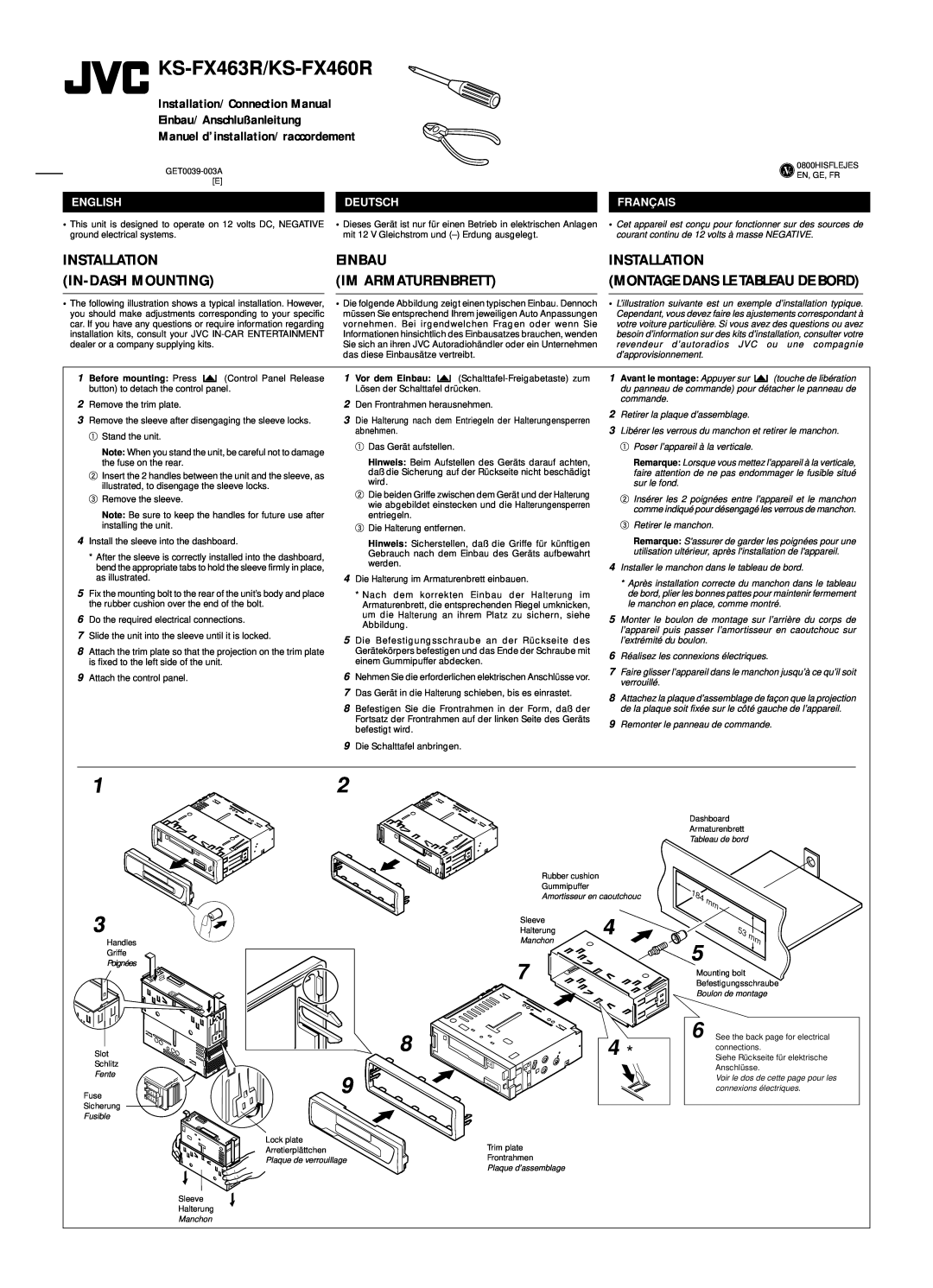 JVC manual Einbau Im Armaturenbrett, KS-FX463R/KS-FX460R, Installation/Connection Manual, Einbau/Anschlußanleitung 