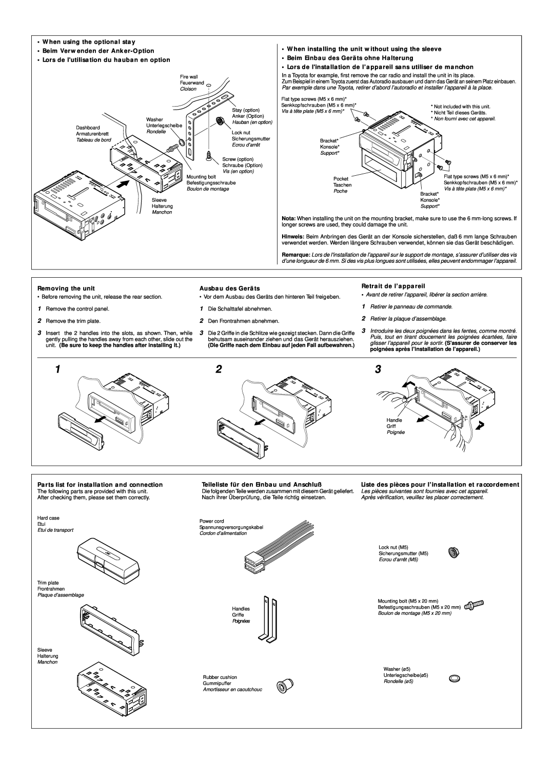 JVC KS-FX460R, KS-FX463R manual When using the optional stay, Teileliste für den Einbau und Anschluß 