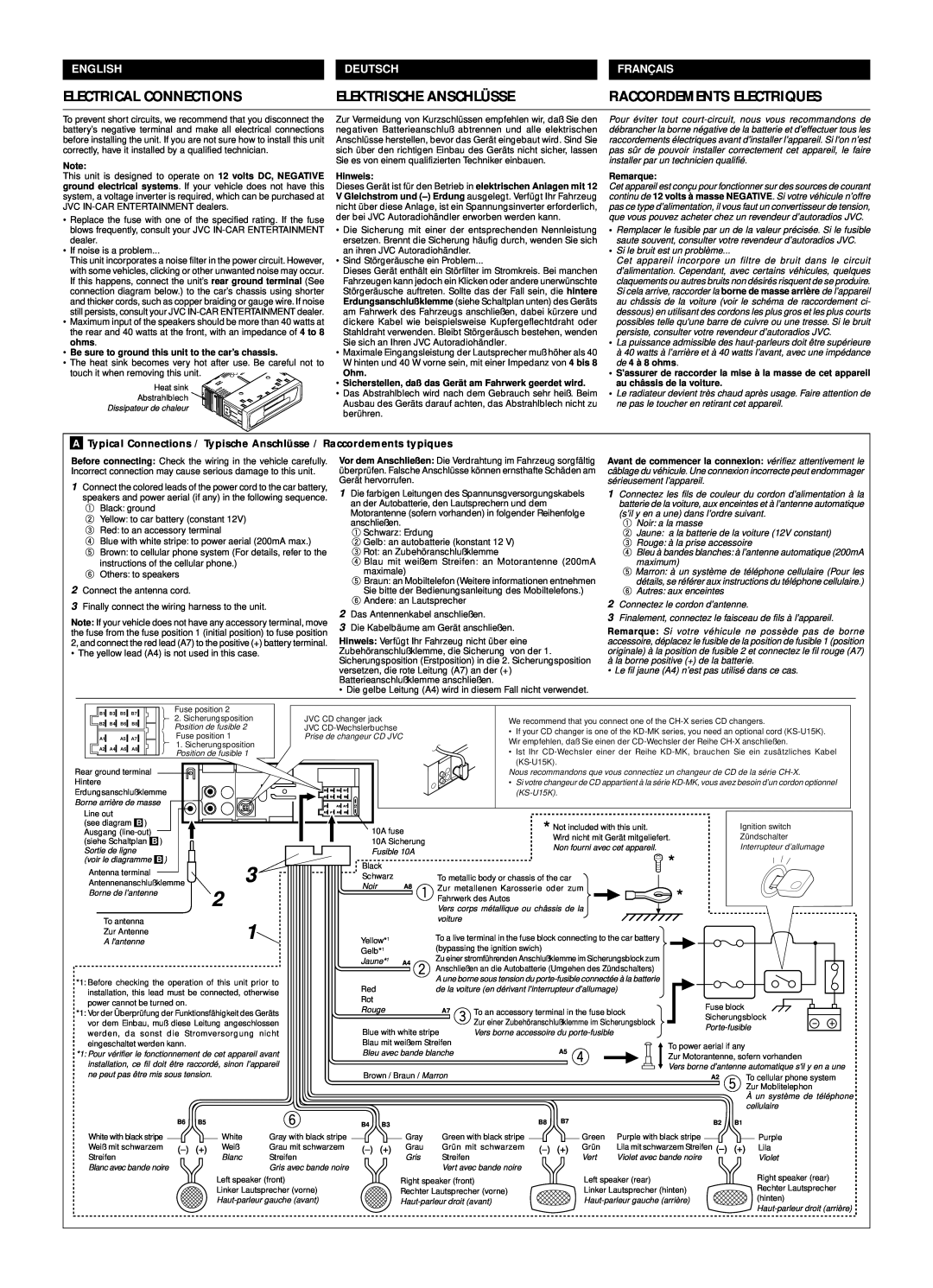 JVC KS-FX463R manual Electrical Connections, Elektrische Anschlüsse, Raccordements Electriques, English, Deutsch, Franç Ais 