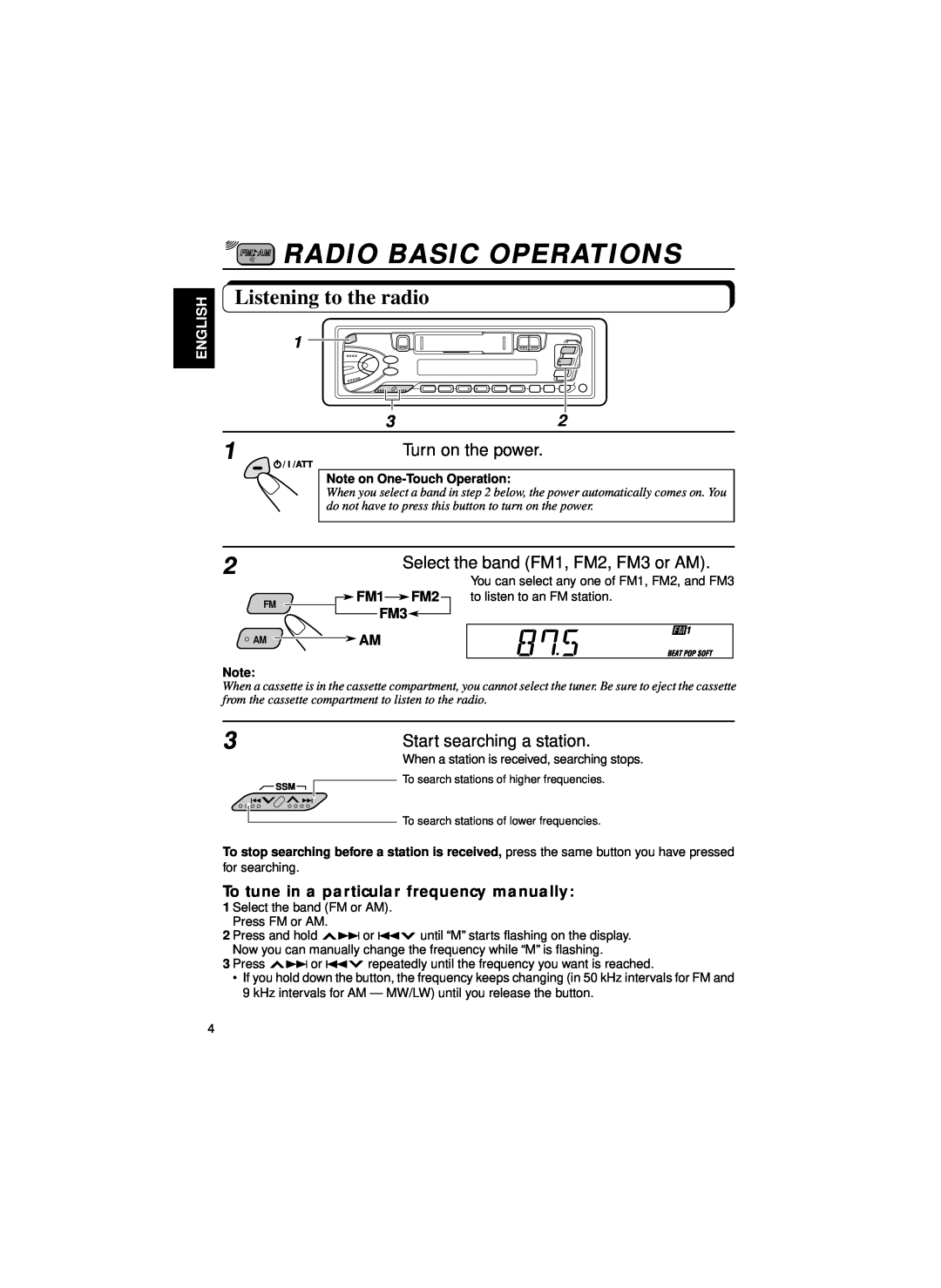 JVC KS-FX460R, KS-FX463R manual Radio Basic Operations, Listening to the radio, Turn on the power, English, FM3 AM 