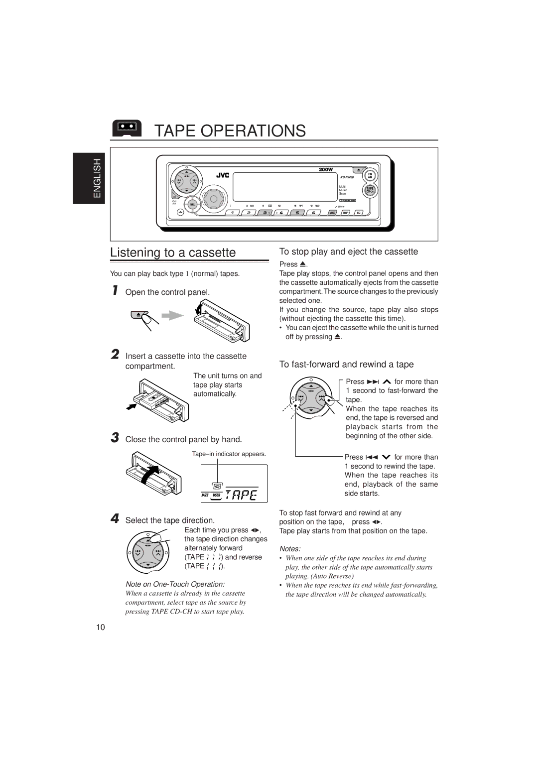 JVC KS-FX480J manual Tape Operations, Listening to a cassette, To stop play and eject the cassette 