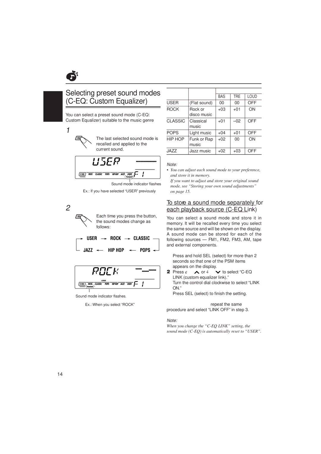 JVC KS-FX480J manual Selecting preset sound modes C-EQ Custom Equalizer, Press EQ, Select the sound mode you want 