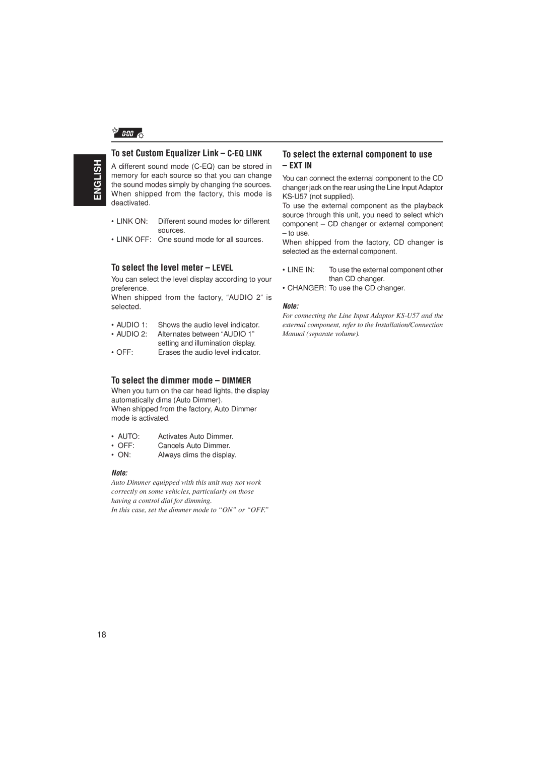 JVC KS-FX480J To select the level meter Level, To select the external component to use, To select the dimmer mode Dimmer 