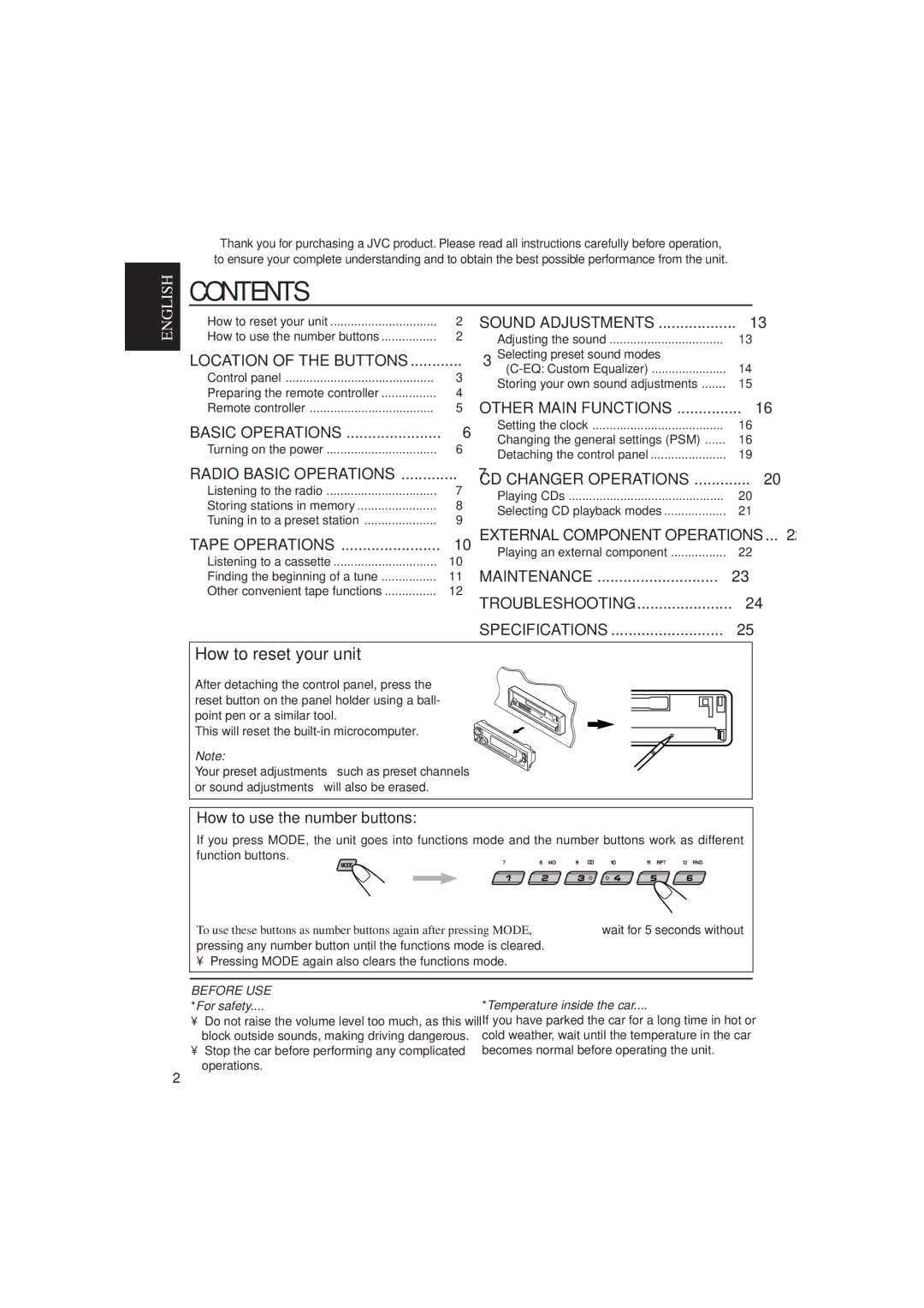 JVC KS-FX480J manual Contents 