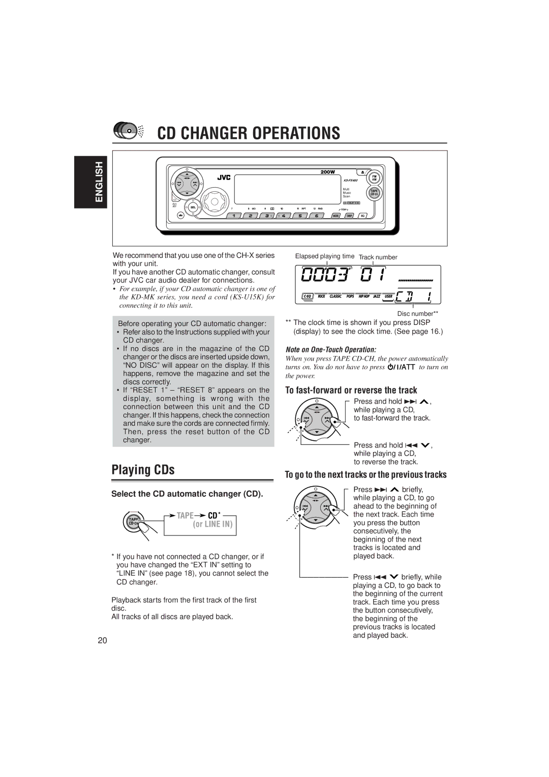 JVC KS-FX480J CD Changer Operations, Playing CDs, To fast-forward or reverse the track, Select the CD automatic changer CD 