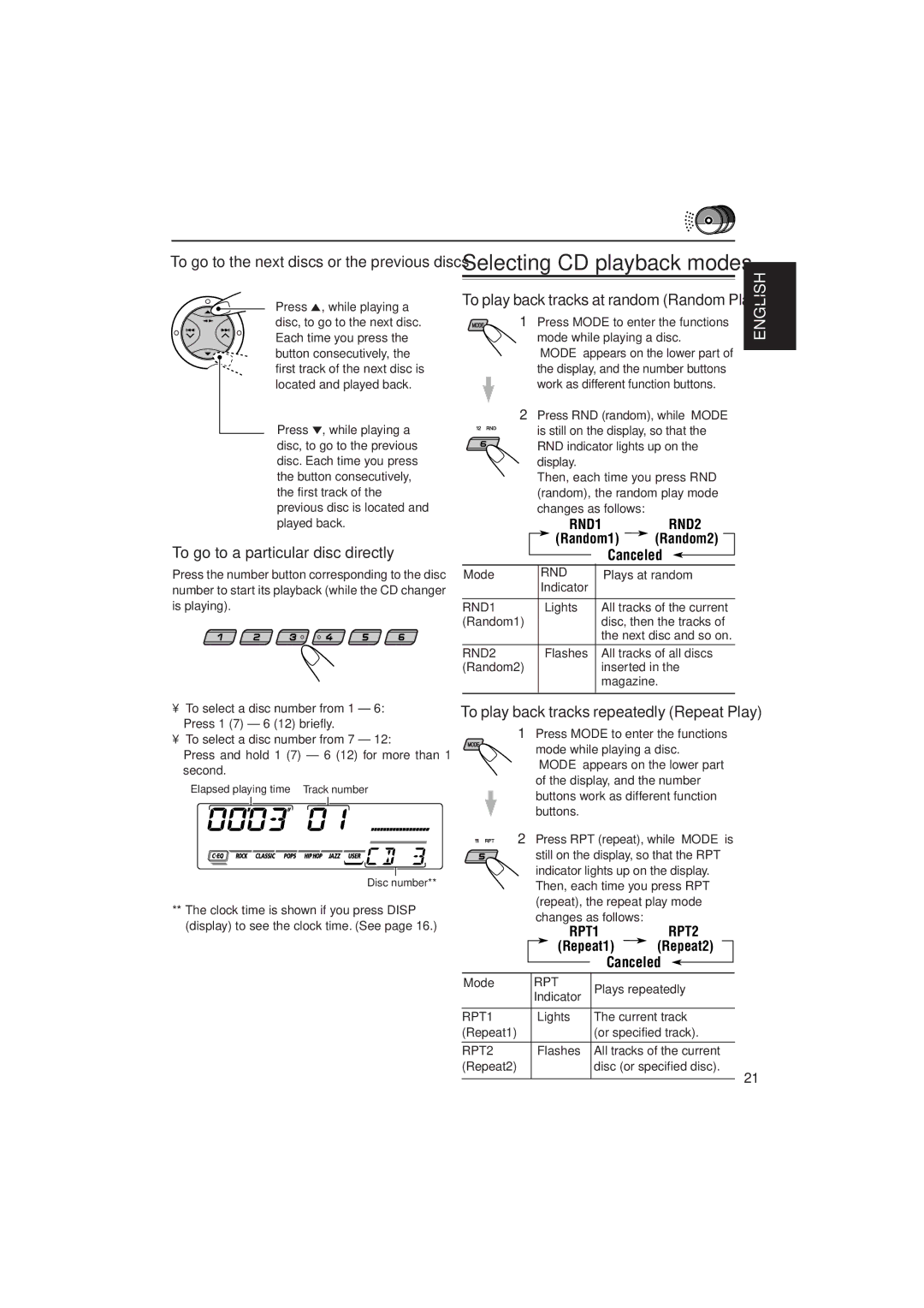 JVC KS-FX480J manual To go to a particular disc directly, To play back tracks repeatedly Repeat Play, Random1, Canceled 