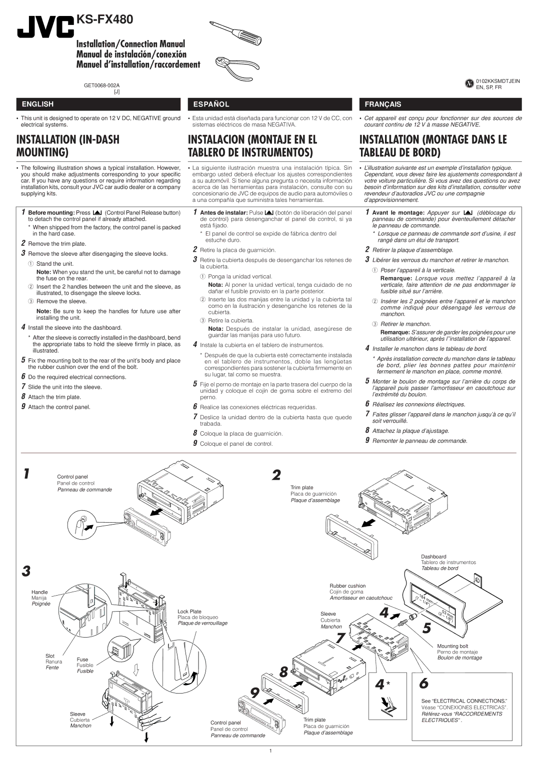 JVC KS-FX480J manual GET0068-002A J, Control panel Panel de control, Handle Manija, Lock Plate Placa de bloqueo, Dashboard 