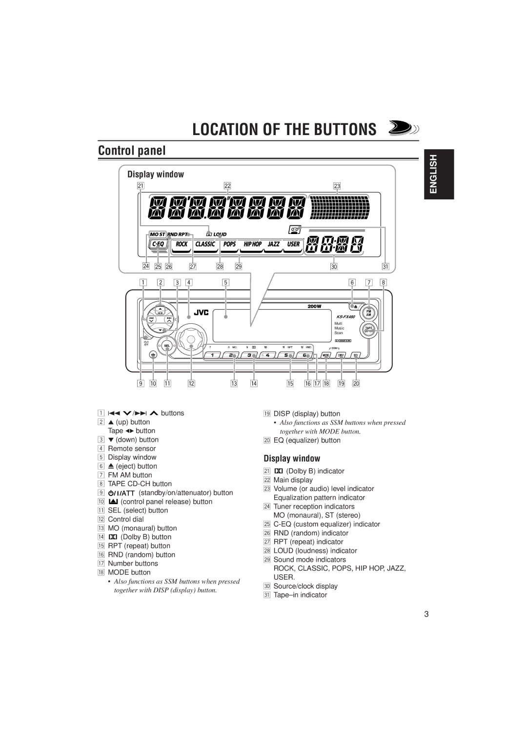 JVC KS-FX480J manual Disp display button, EQ equalizer button, Source/clock display z Tape-in indicator 