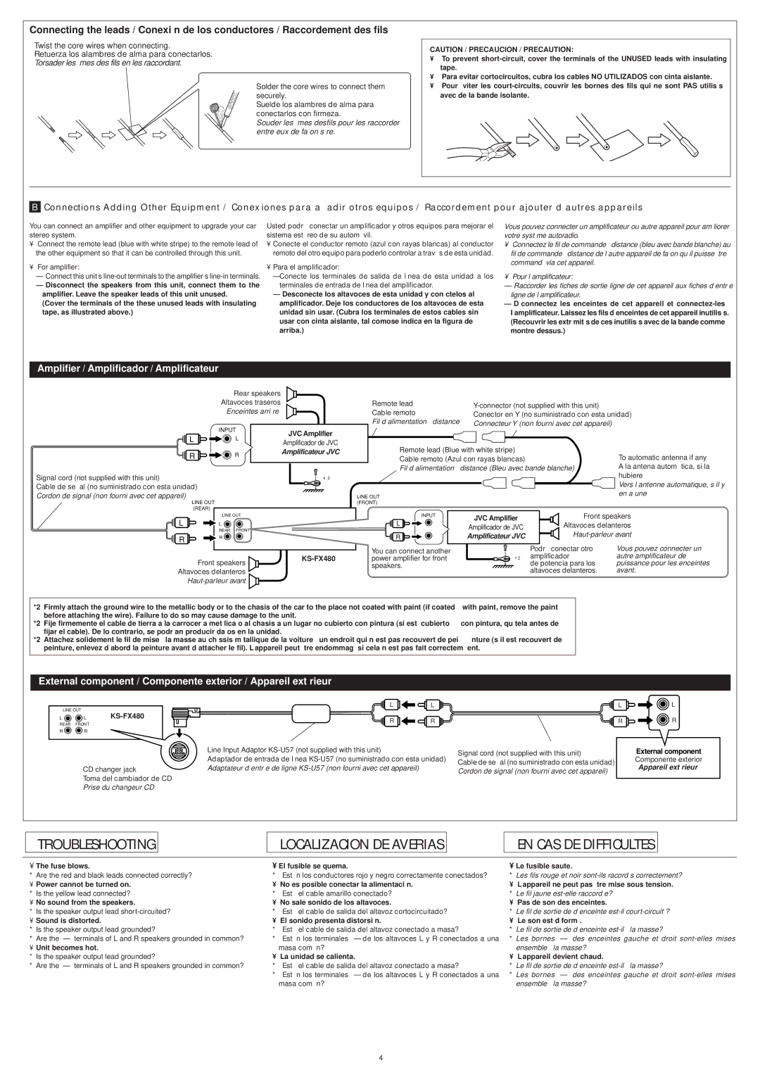 JVC KS-FX480J JVC Amplifier, Nture s’il est recouvert de, Ent, External component, Fuse blows, Power cannot be turned on 