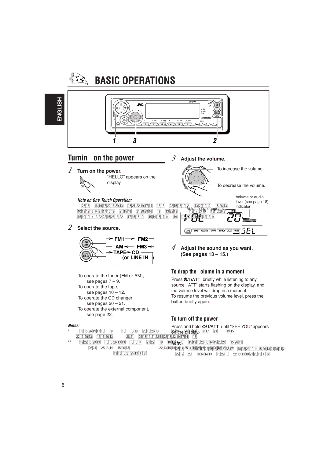 JVC KS-FX480J manual Basic Operations, Turning on the power, To drop the volume in a moment, To turn off the power 