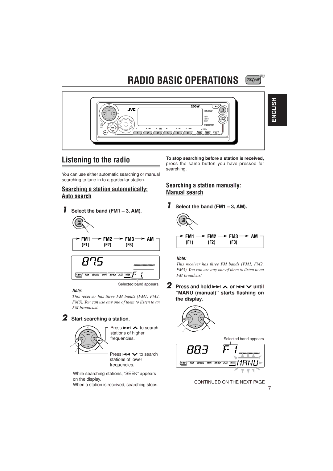 JVC KS-FX480J manual Radio Basic Operations, Listening to the radio, Searching a station automatically Auto search 