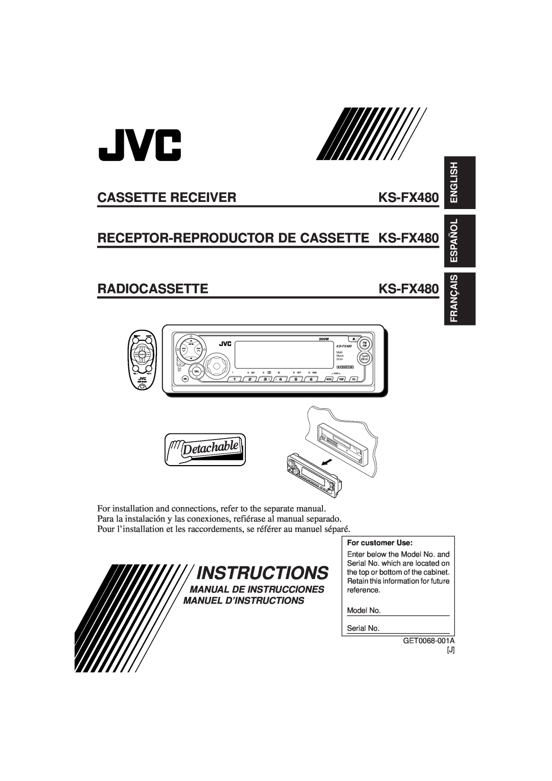 JVC KS-FX480J manual Cassette Receiver, RECEPTOR-REPRODUCTORDE CASSETTE KS-FX480, Radiocassette, English, Español 